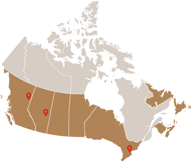 Map of Canada with pins dropped on Fort St. John, BC; Wainwright, AB; and Burlington, ON.